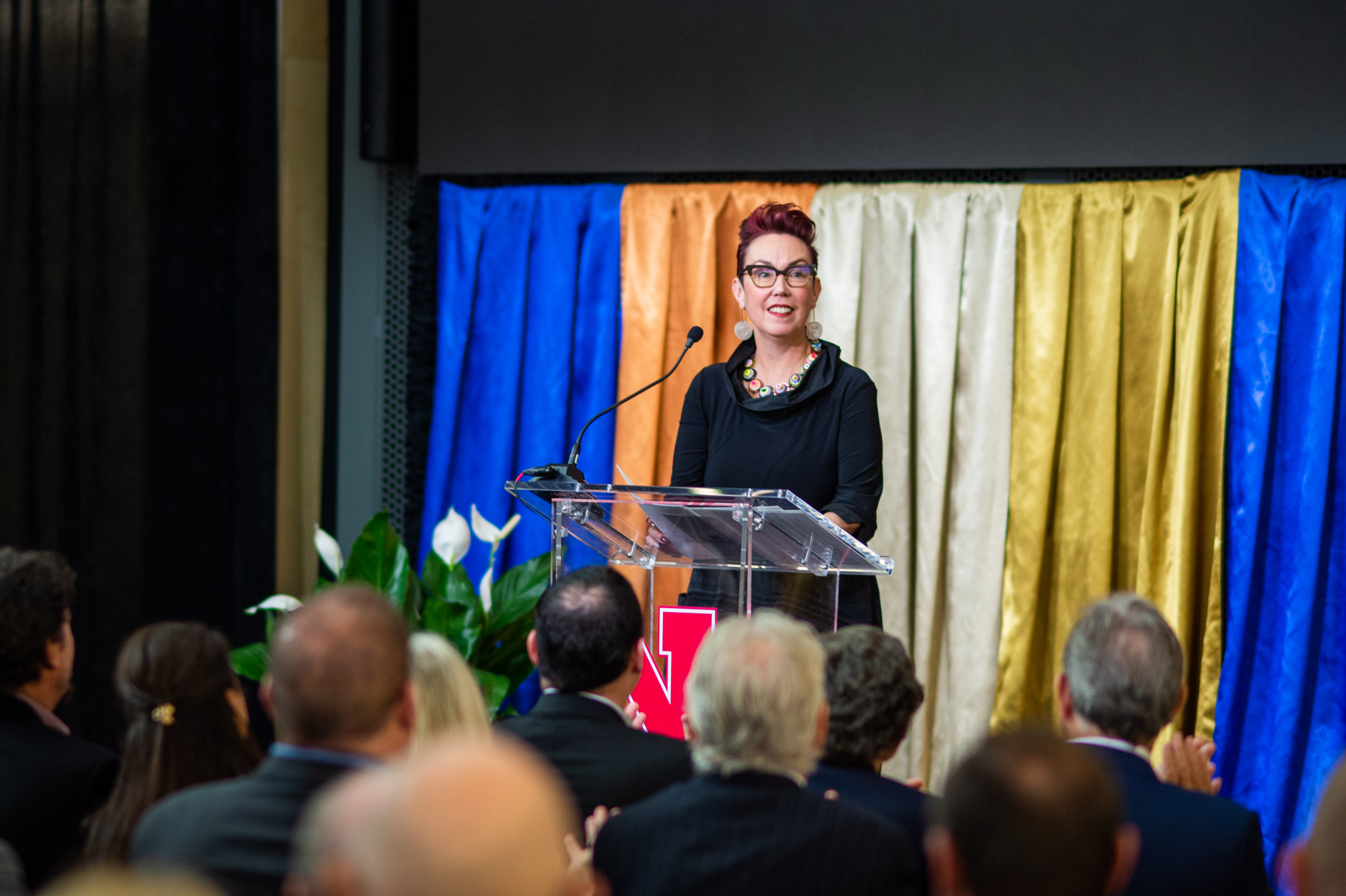 Megan Elliott speaks at the dedication of the Johnny Carson Center for Emerging Media Arts in 2019. Elliott is the inaugural Johnny Carson Endowed Director in Emerging Media Arts. (Justin Mohling/University Communication and Marketing)