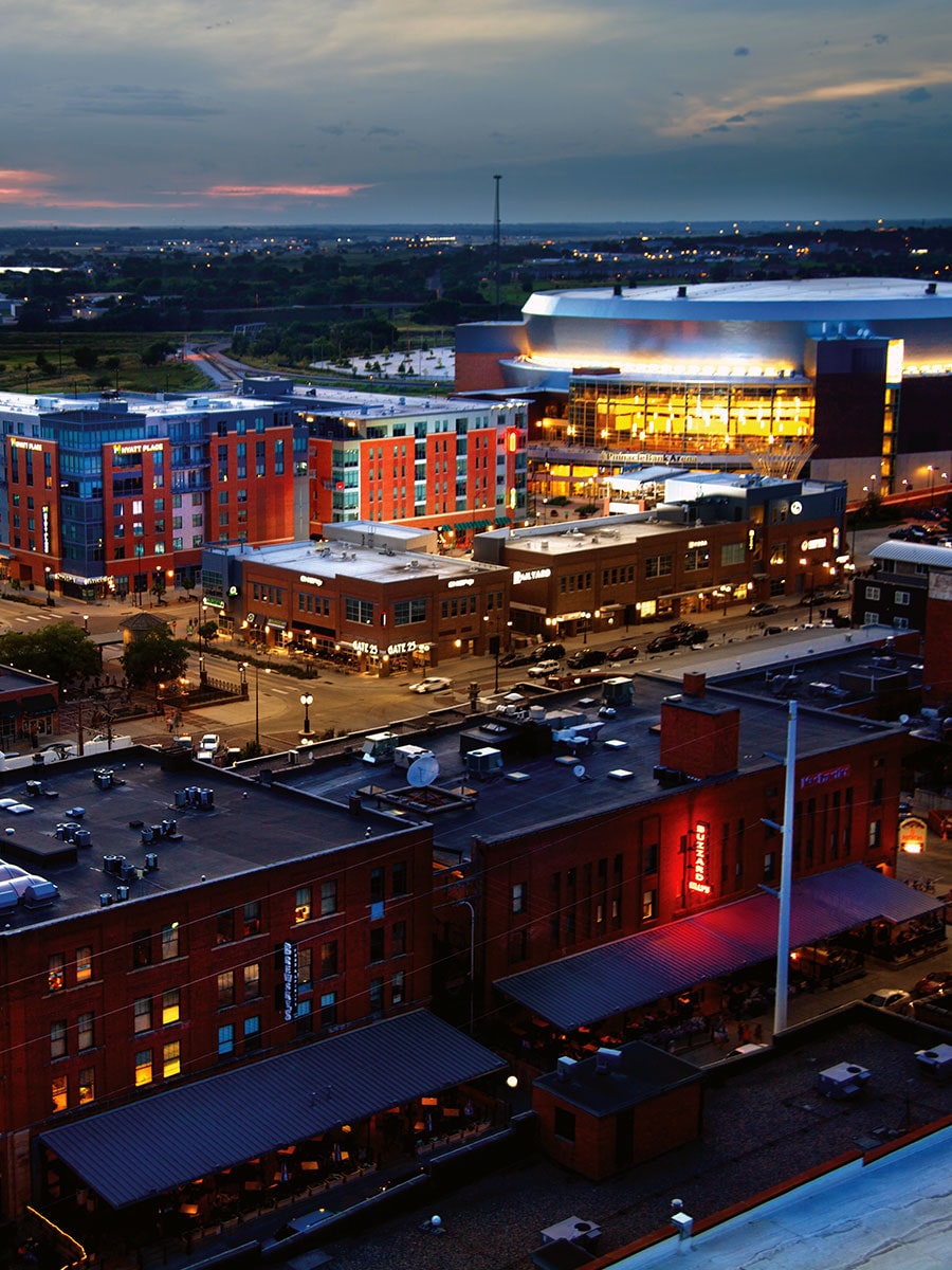 Nightscape of the Haymarket and Railyard districts of Lincoln from a birds eye view.