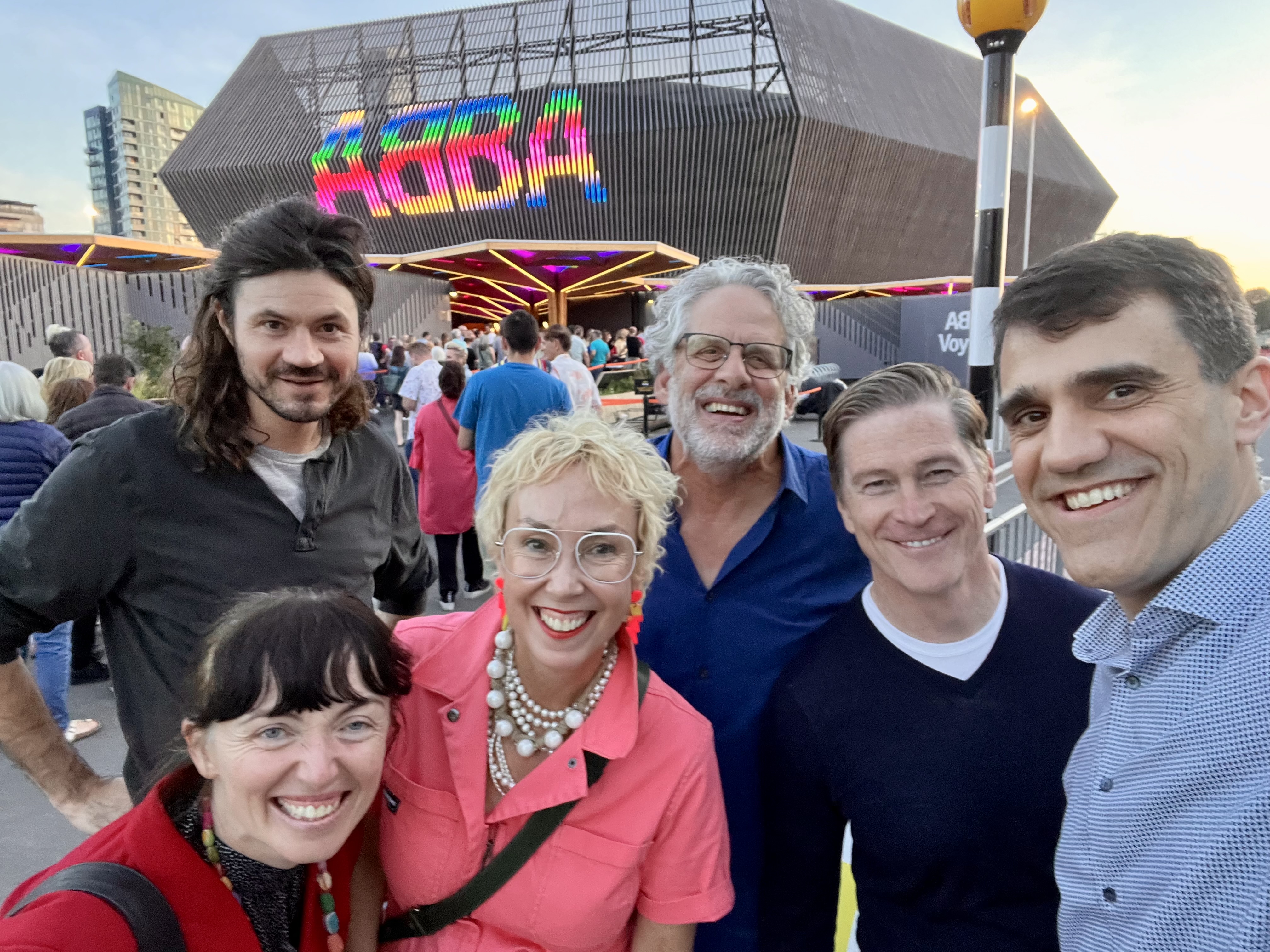 ph Holmes, Lisa Gray, Megan Elliott, Andy Belser, Hank Stratton and Felix Olschofka attended ABBA Voyage during their visit to London earlier this month to explore the future of design in live performance. Courtesy photo.