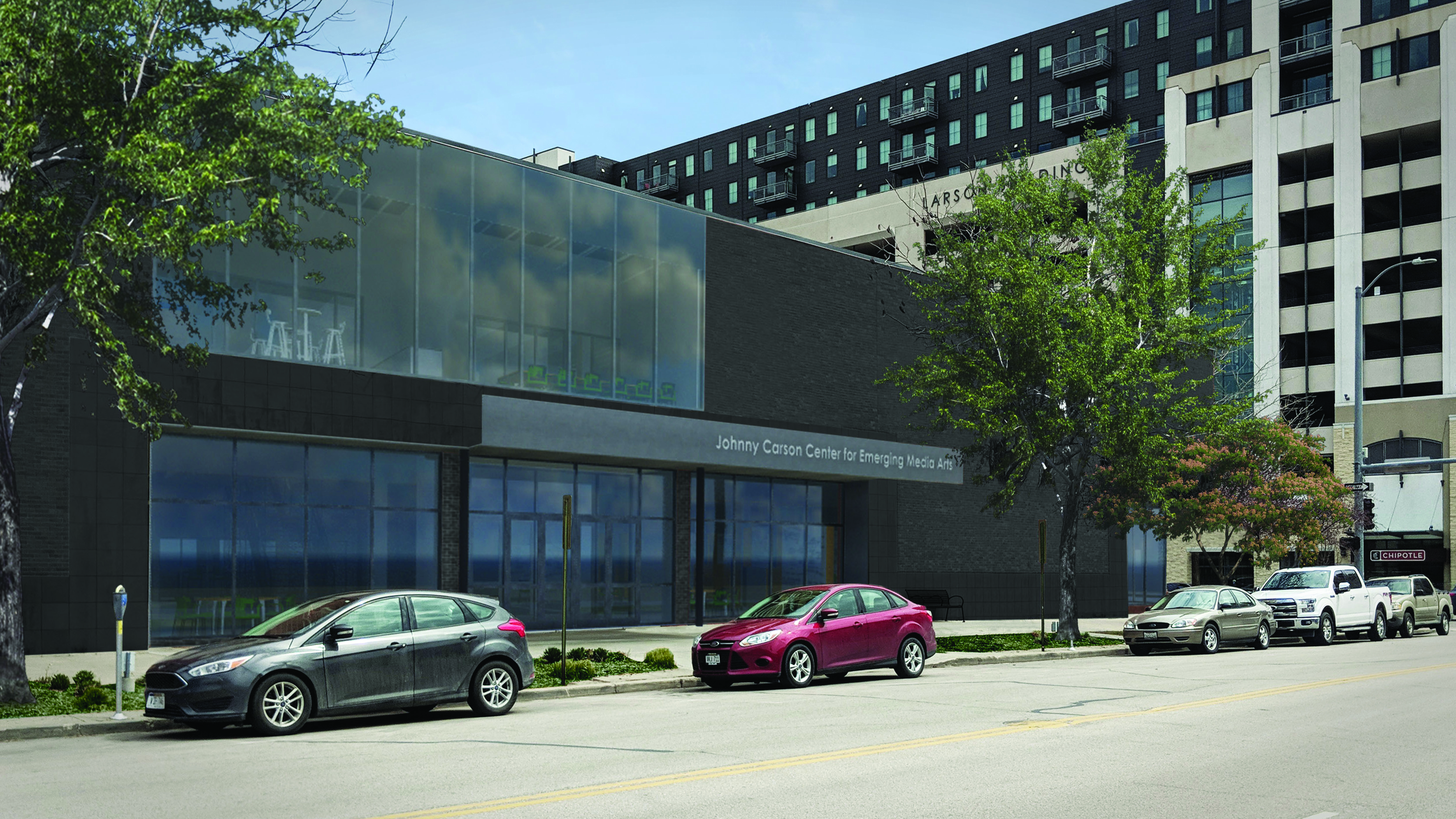 's rendering of the Johnny Carson Center for Emerging Media Arts shows how the exterior of the building will look when it opens in August 2019. The building is located at 1300 Q St., formerly the Nebraska Bookstore. Courtesy of HDR.