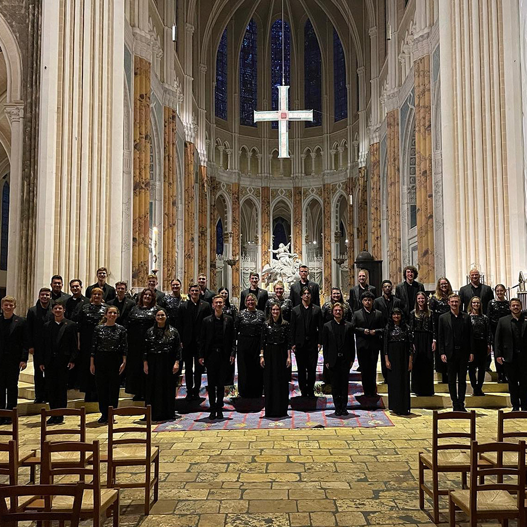 School of Music students posing for a group photo before performance at Chartres Cathédrale