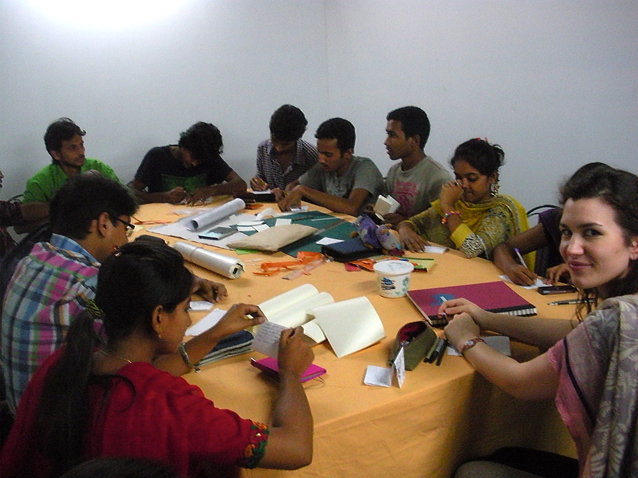 Camille Hawbaker (far right) leading a printmaking workshop in Bangladesh.