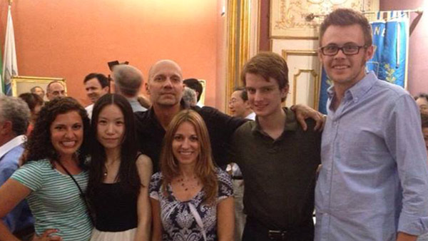 Hixson-Lied Professor of Piano Paul Barnes (center in back) with (left to right) Lauren Albin, Lei Bi, April Barnes, Travor Magness and Mark Germer in Maiori, Italy.