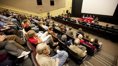 A film review inside the Joseph H. Cooper Theater in the Mary Riepma Ross Theatre on the UNL campus