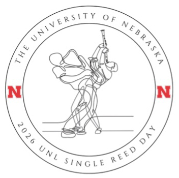 Circular graphic logo for the University of Nebraska 2026 UNL Single Reed Day, with a continuous line art musician.