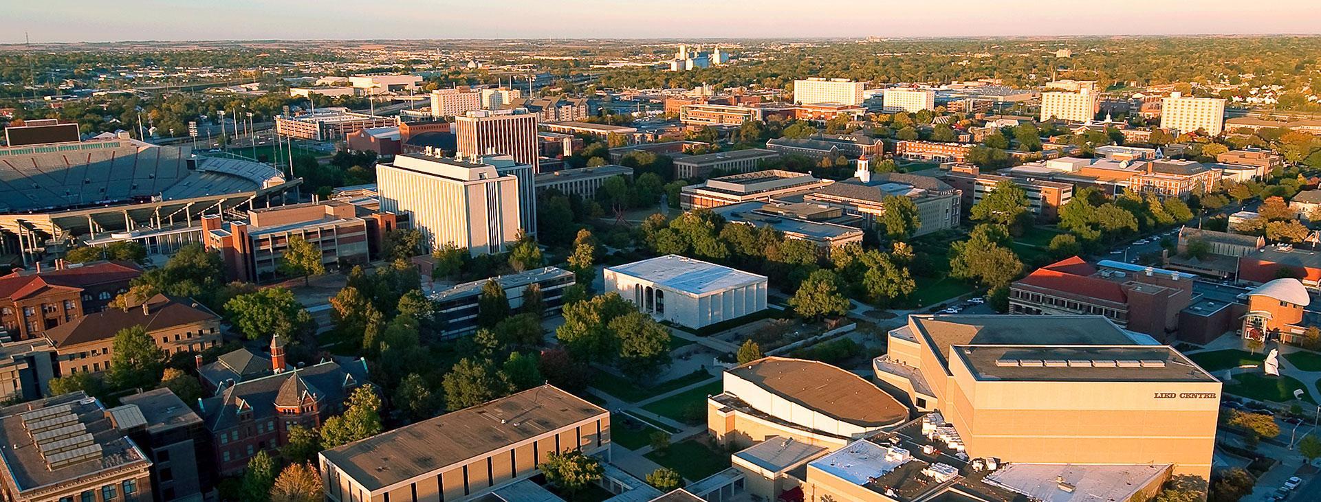 aerial of arts quad on campus