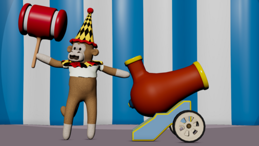Still from the film Circus City USA. Image of A monkey in clown attire holding a mallet next to a red cannon on a circus-themed background.