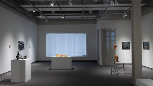 image of a gallery with sculptures on pedestals on the lefthand side, a sculpture on the right, projection on the far wall, and other art hanging at eye level on the left and ride sides of the gallery walls