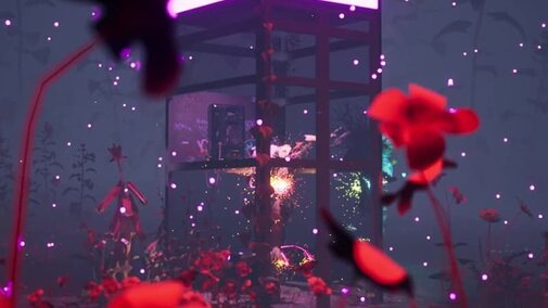 A phone booth surrounded by red flowers in a space-like 3D world.