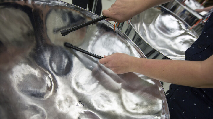 Nebraska Steel, the university’s student ensemble dedicated to playing steel drum music, will perform April 26 in Sheldon Museum of Art. Photo by Troy Fedderson, University Communication and Marketing.