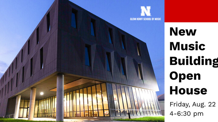 An image of the new music building at dusk with the first floor lit up. Text says "New music building open house, Friday, Aug. 22, 4-6:30pm."