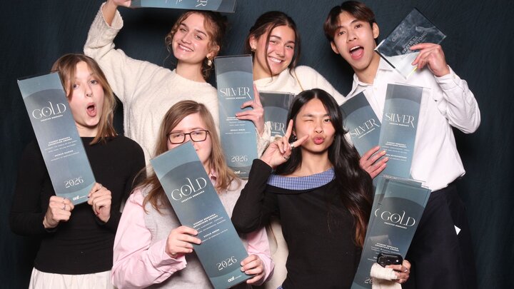 School of Art, Art History & Design graphic design students celebrate winning Addy Awards at the Creative Nebraska Awards. Clockwise from upper left: Abigail Bubak, Clare Clark, Pattara Rujirayanyong, Tiffany Nguyen, Caylie Anker and Natalie Allrich. Courtesy photo.