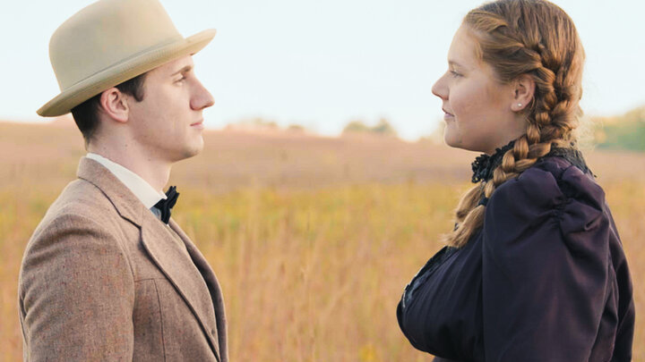 Sebastian Sorensen (left) as Carl Linstrum and Sarah Wibben as Alexandra Bergson in Tyler Goodrich Whiteâs âO Pioneers!â Photo courtesy of the Glenn Korff School of Music. 