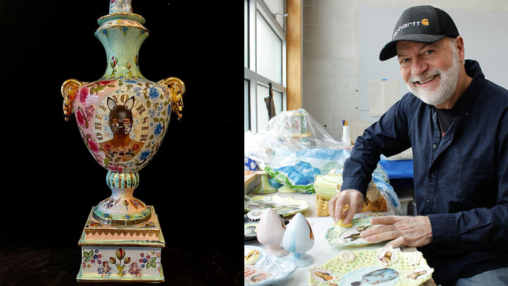 Left:  Larry Bullerâs âObey Your Sir.â Courtesy photo. Right: Larry Buller in his studio at Northern Clay Center. Photo by Maia Danks, NCC. 