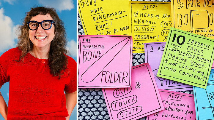 Kate Bingaham-Burt’s “10 Favorite Tools for Staying Human, Making Stuff and Not Losing My Mind Completely,” Google slide, 2025, ink on Post-It notes. 