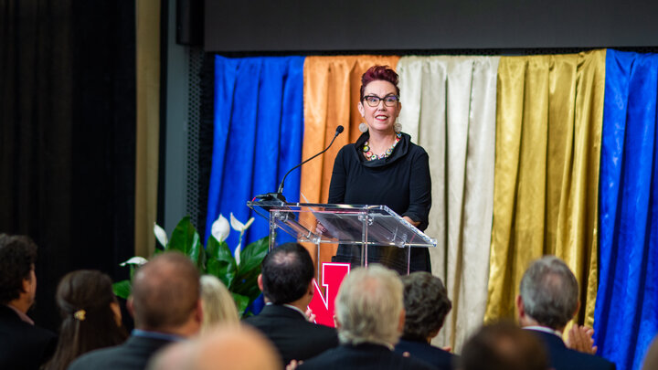 Megan Elliott speaks at the dedication of the Johnny Carson Center for Emerging Media Arts in 2019. Elliott is the inaugural Johnny Carson Endowed Director in Emerging Media Arts. (Justin Mohling/University Communication and Marketing)