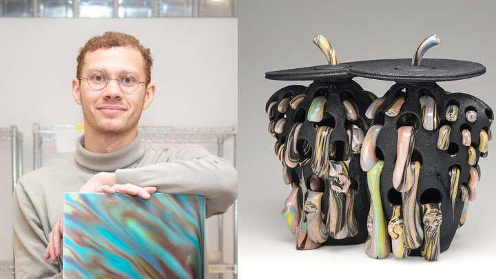 Left: Maxwell Henderson. Photo by Andrew Castañeda. Right: Henderson’s “Double Spouted Vessel,” 2025, stoneware, glaze and PC-7, 11 x 13 x 6.5 inches. 