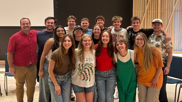 The UNL Jazz Singers will perform April 23 in Westbrook Music Building’s Performance Hall in Rm. 130. File photo showing 16 singers in the Performance Hall.