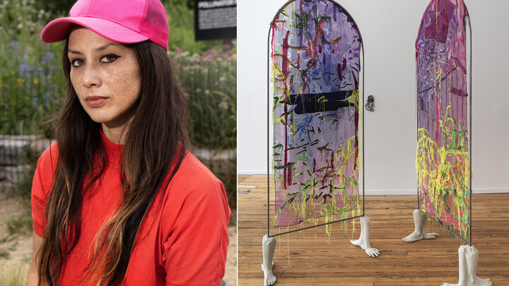 Left: Headshot of Sara Jimenez. Right: Sara Jimenez, “Allegory of Continents” (solo exhibition), 2025, textiles, cement, steel, ceramic, dimensions variable. 