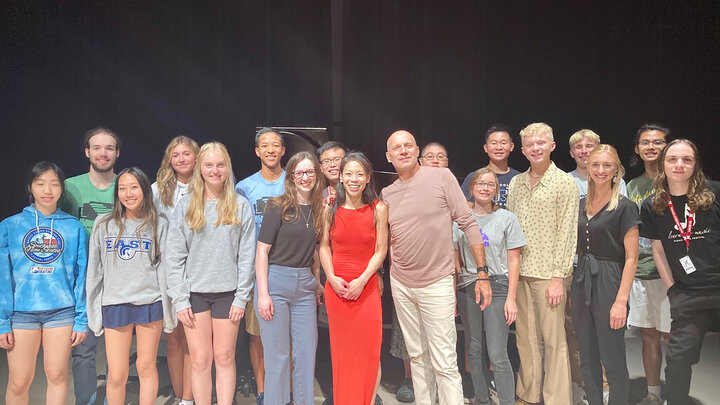 Paul Barnes with previous Lied Center Piano Academy participants after the final concert.