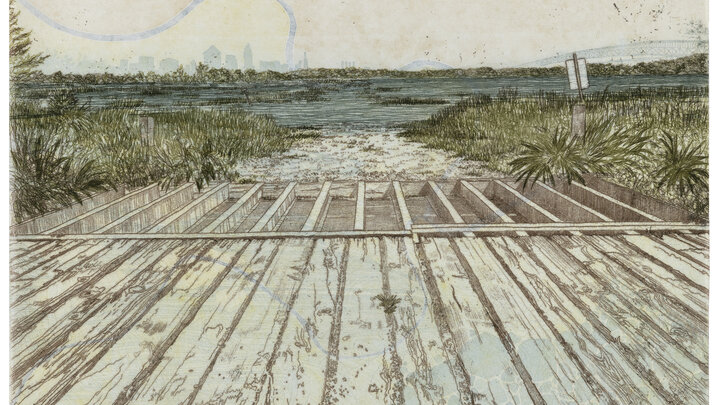 Amanda Maciuba, “Trace I (Peru, Nebraska),” 17” x 23”, 2023, monotype, intaglio and relief.