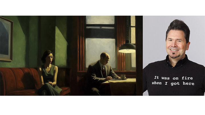 Left: Dan Novy’s generative Edward Hopper image. Right: Dan “NovySan” Novy.