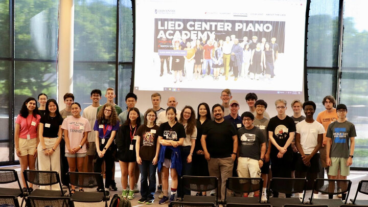 Faculty and students gather for a group shot at the 2025 Lied Piano Academy. Twenty students participated in last year’s academy. Courtesy photo.