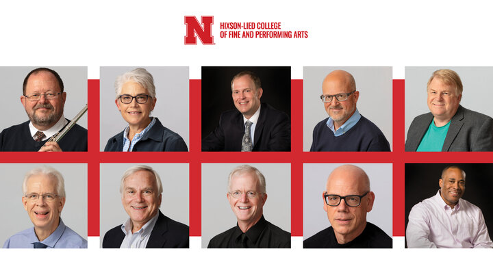 Grid of 10 retiring faculty, featuring the logo of the Hixson-Lied College of Fine and Performing Arts. Top row, left to right: John Bailey, Karen Becker, Mark Clinton, Rick Endacott & Michael Hoff. Bottom row, left to right: William McMullen, Brian Moore, Clark Potter, William Shomos and Darryl White.