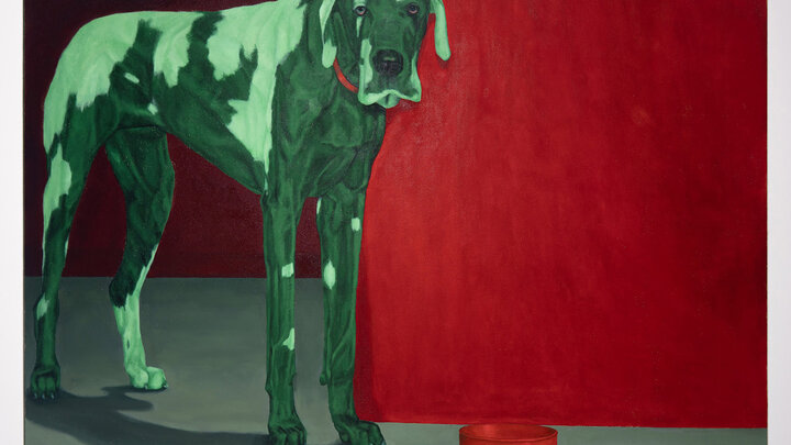 Green dog standing near a red wall and empty red bowl on a gray floor. Painting by Niko Rurik.