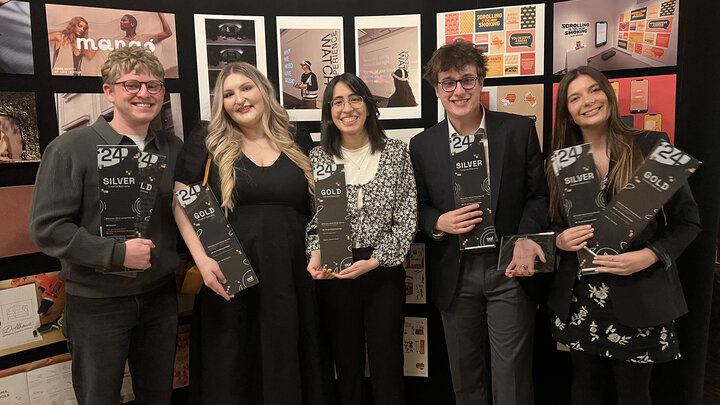 School of Art, Art History & Design ADDY winners (left to right):  Keegan Towey, Shaydan Bayless, Fatima Al-Jayashi, Joe Warren and Ava Schicke. Courtesy photo.