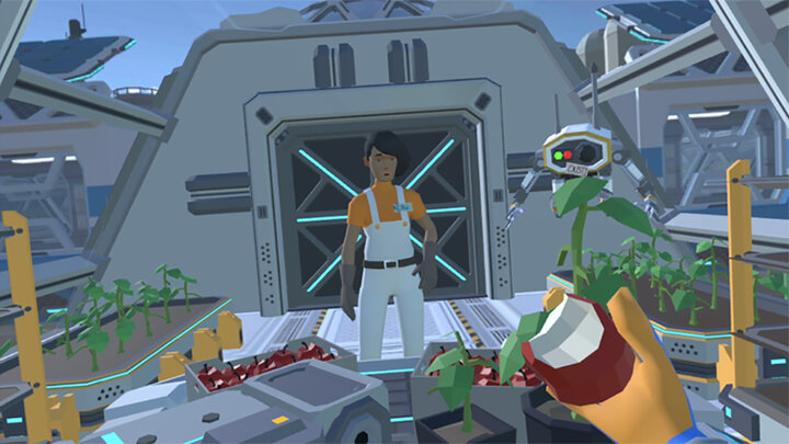 Screenshot from “MuMu: Worlds of Connection,” an extended reality experience about network science. It is a study of complex connections, allowing users to investigate how an apple farm thrives when humans, plants animals and technology coexist in balance. 