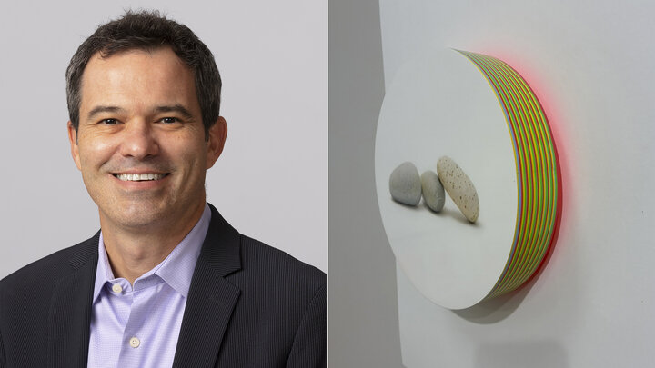 Francisco Souto and one panel from his polyptych “8 Million Broken Dreams” on display at The Joslyn June 7-Sept. 21. 