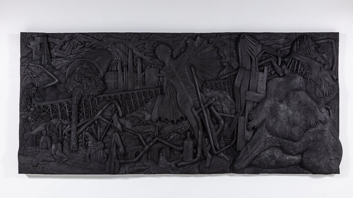 Aaron Spangler, âThe Band Played the Night of the Johnstown Floodâ (2022), carved and painted Basswood with a touch of graphite, 72âx 124â x 5â.