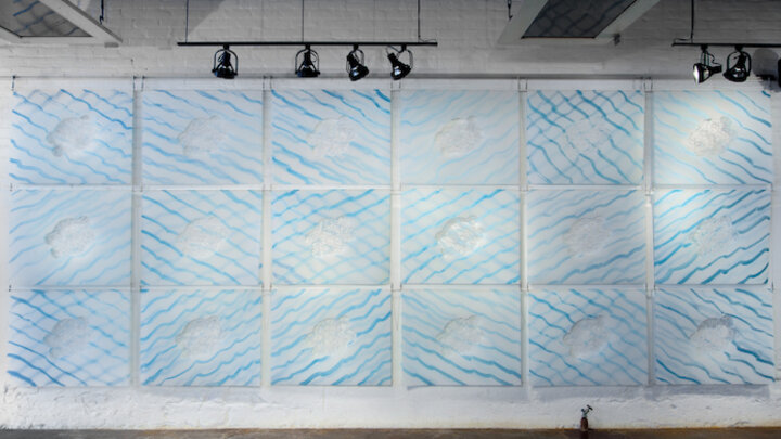 Susan Knight, Archetypal Water, 2012, 18 components of double-hung, hand-cut Mylar sheets with applied acrylic ink, "30 x 39", installation composition and size variable.
