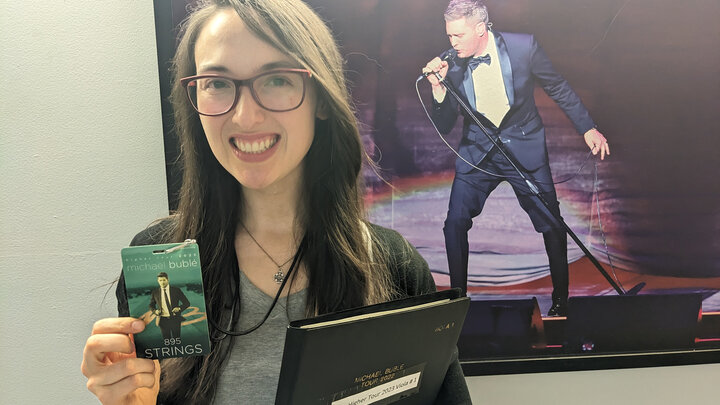 Andrea Alvarado Troncoso backstage at the Michael BublÃ© concert in Mexico City in October. Troncoso was principal violist of the strings section at his three Mexico City concerts. Courtesy photo.