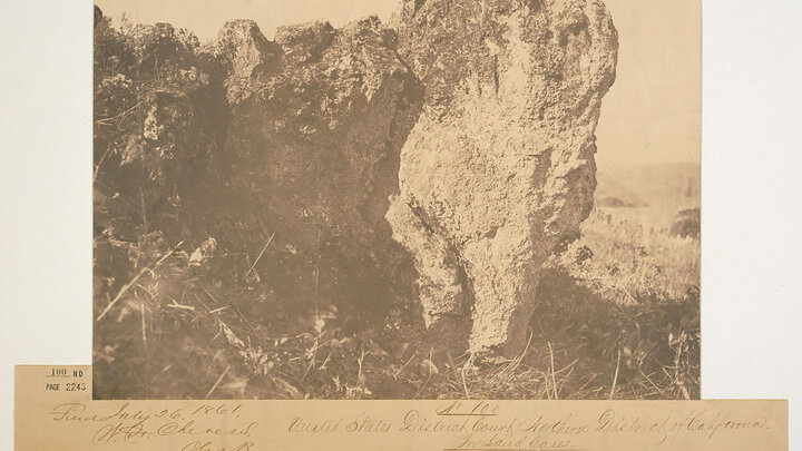 Carleton Watkins, âRancho San Antonio Rock Outcropping, Exhibit no. 6â (1861). Salted paper print. Courtesy of The Bancroft Library, UC Berkeley, BANC PIC 19xx.096:06âffALB.   