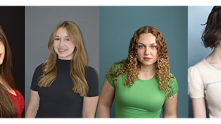Four women side by side in colorful shirts, posing against different solid backgrounds.