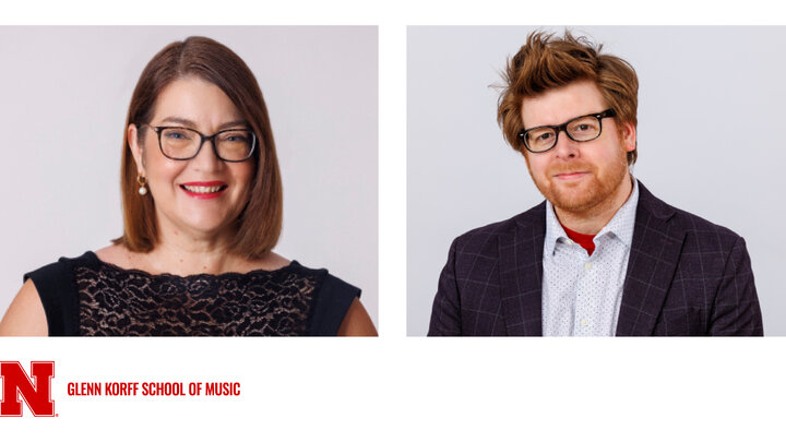 Two headshots of Jamie Reimer Seaman and Mark Adams against a white background, with Glenn Korff School of Music logo.