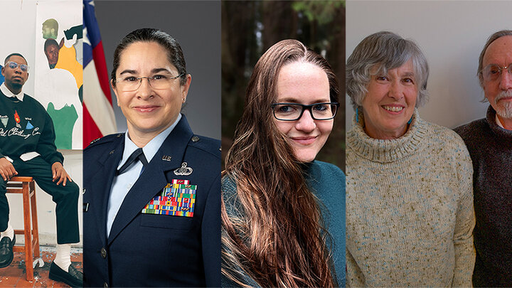 The recipients of the annual Alumni Board Awards include (left to right) Adrian Armstrong, Lt. Col. Cristina Moore Urrutia, Katie Williams, and Patrick Grim and Terri Watkins. Courtesy photos.