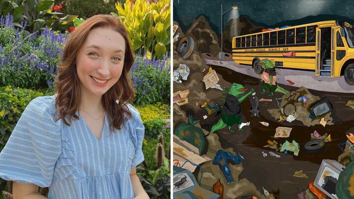 Left: Natalie Leininger. Right: An illustration by Leininger for the book âNight Buddies and Evil School Bus #264â by Sands Hetherington. Courtesy photos.