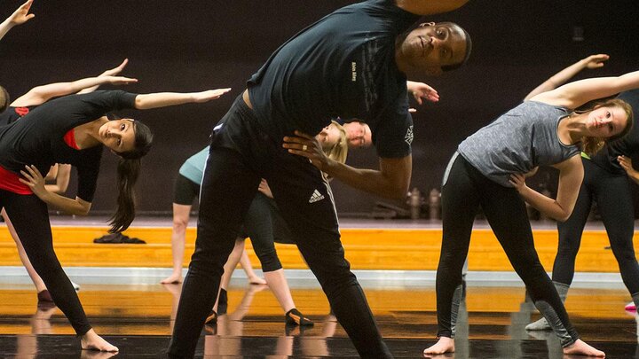 Members of Alvin Ailey’s American Dance Theater conducting a masterclass to students in the dance program of the Glenn Korff School of Music prior to their performance at the Lied Center for Performing Arts.