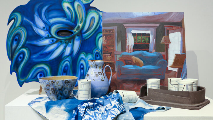 From left to right, top to bottom, Angelica Tapia Estrada, Transition; Alex Renbarger, A representational, angled, close up shot, of the inside of a vernacular living room with cinematic lighting; Charlotte Middleton, Cornflower Pitcher and Basin; Sara Alfieri, Charcoal 6 Pack; Dominique Ellis, Leakage Camisole, and Broken Prism Series.