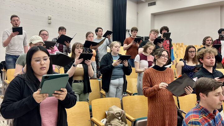 University Singers rehearse âCarmina Buranaâ in Westbrook Music Building. The performance is April 30 at 7:30 p.m. at First Plymouth Congregational Church. Courtesy photo. 