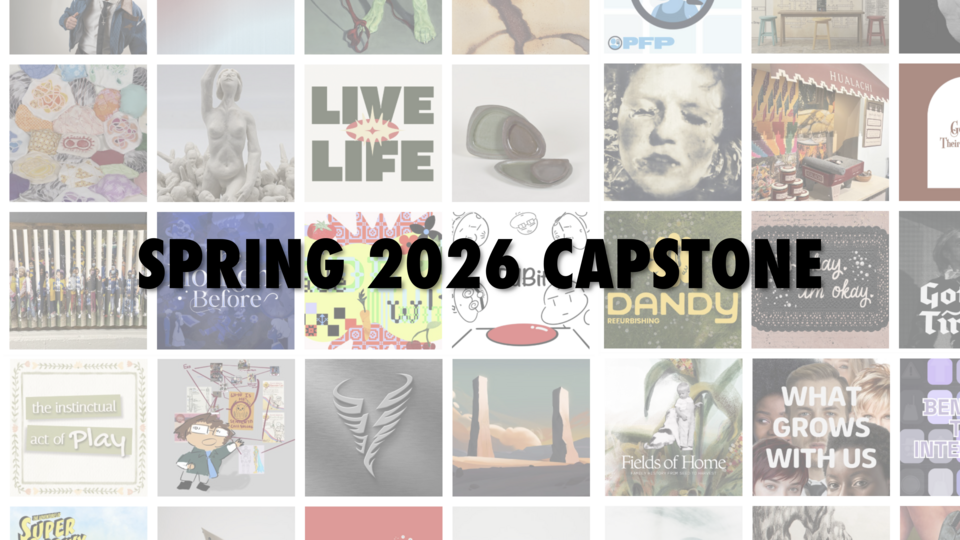 Spring 2026 Capstone text over a grid of colorful creative project thumbnails.