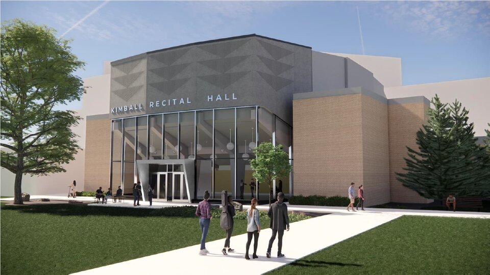 An architectural rendering of the new facade of the proposed Kimball Recital hall.