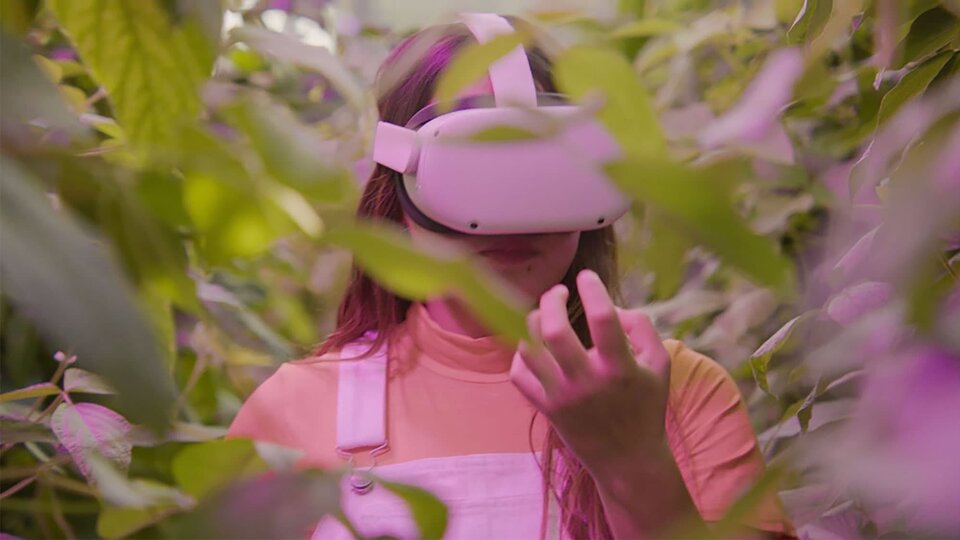 A person wearing a VR headset stand amongst tall greenery lit from above by a pinkish purple light..