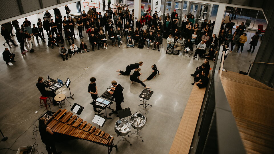 Musicians and dancers perform at the Johnny Carson Center for Emerging Media Arts.