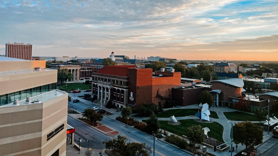 A rooftop view of the Lied Center, Temple Building and Torn Notebook sculpture.