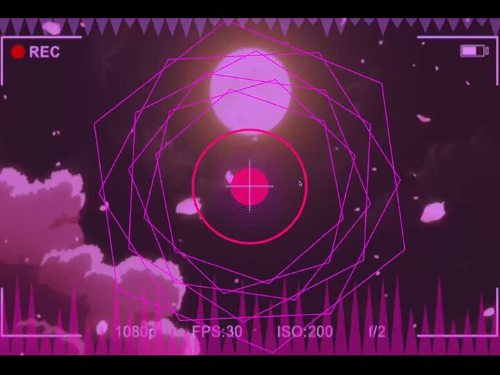 A screenshot from a music video of a night sky with geometric patterns in hues of purple.
