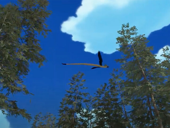 A snake with wings flies overhead in a forest with clouds.